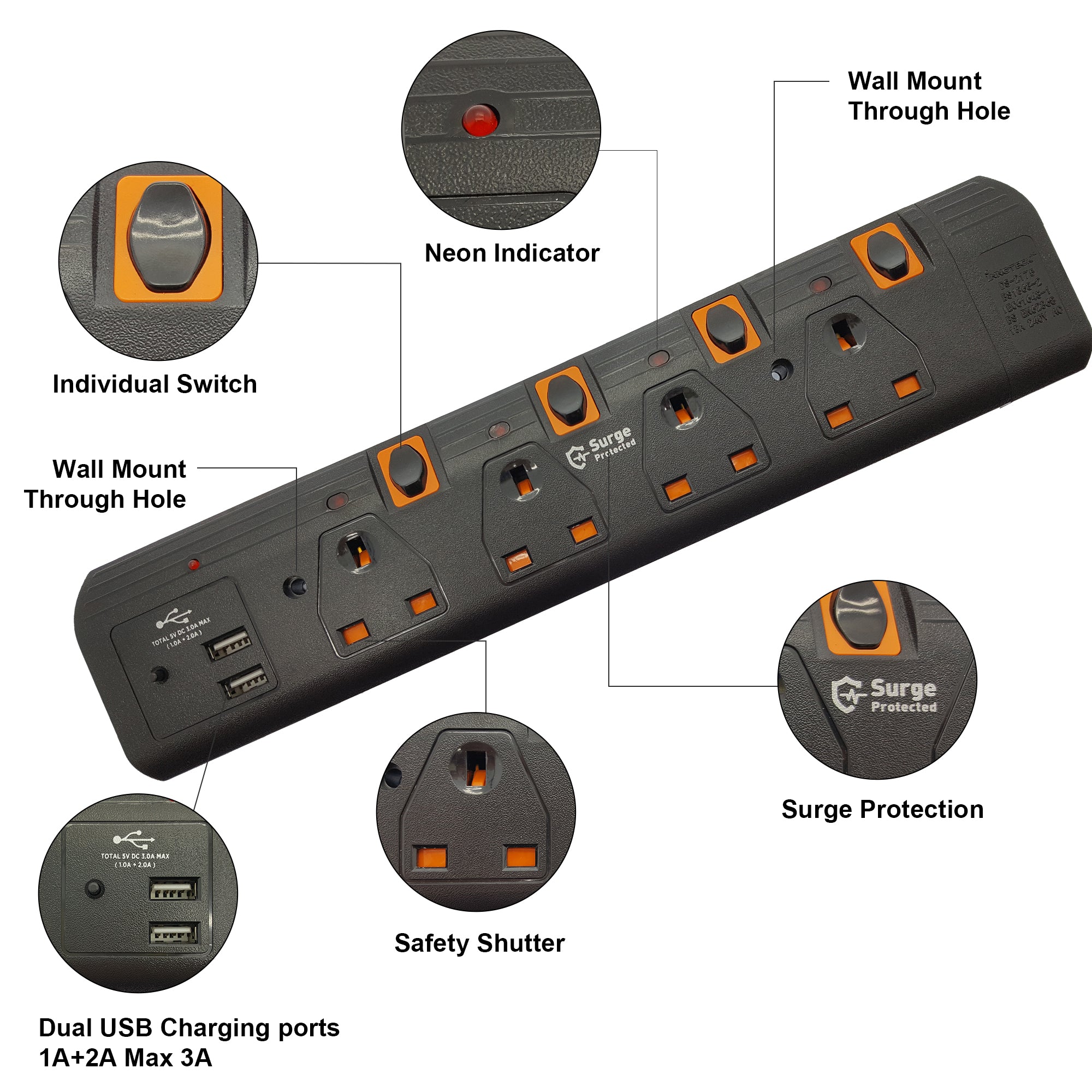 5M Extension Lead with 4 Sockets and 2 USB Ports