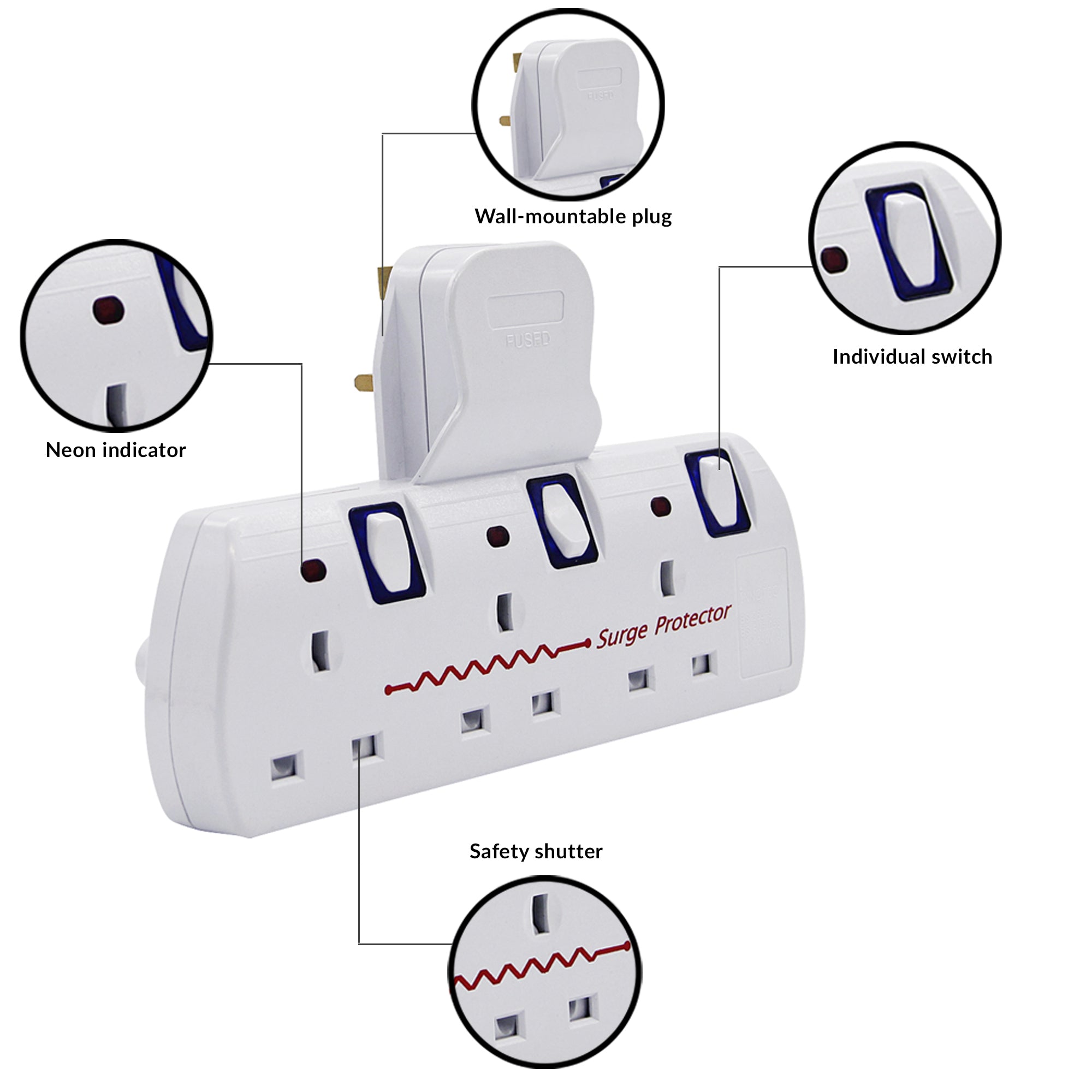 3 Way Wall Plug Extension with Surge Protection