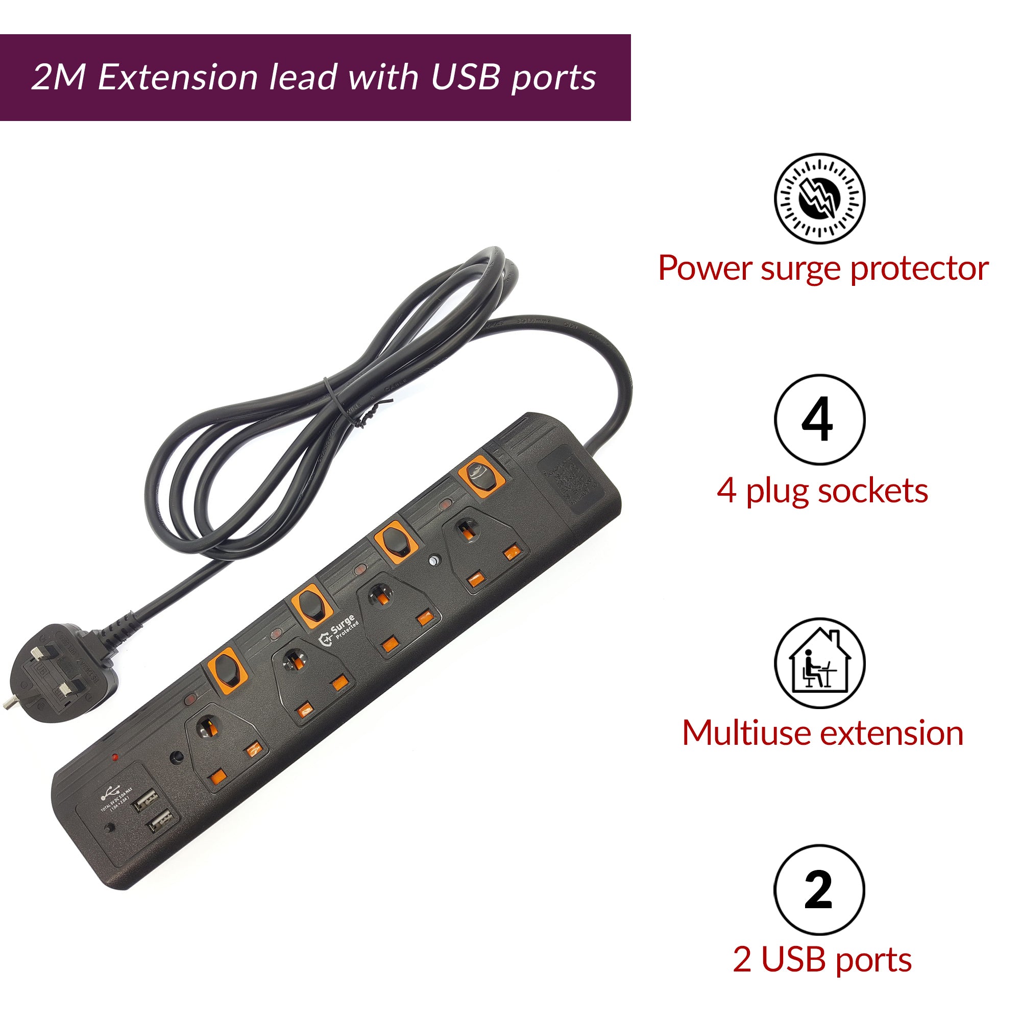 2M Black Extension Lead with 4 Sockets and 2 USB Ports