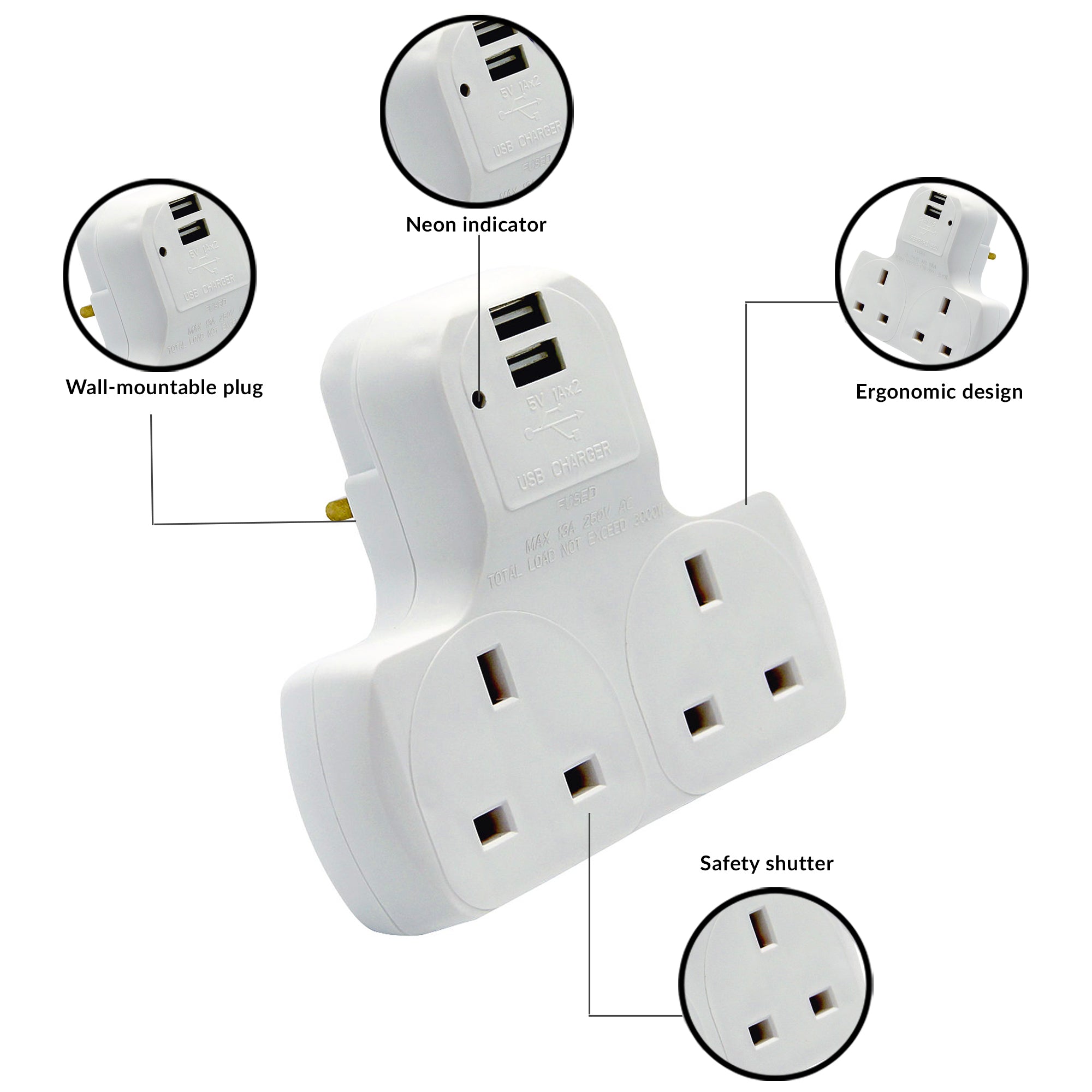 Wall-Mountable 2 Way Extension Socket with 2 USB Ports