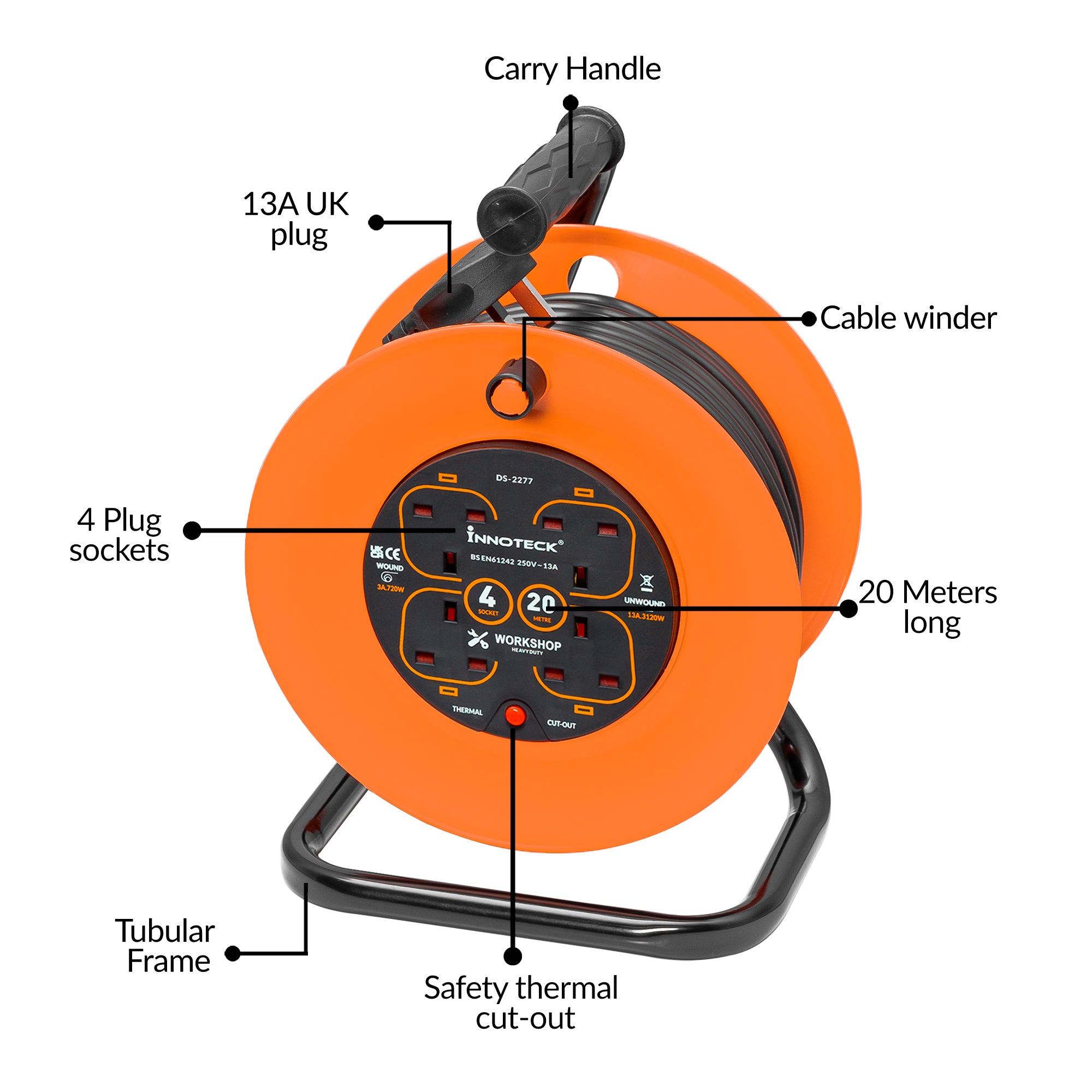 4 Way Master Plug 13A Open Drum Extension Cable Reel