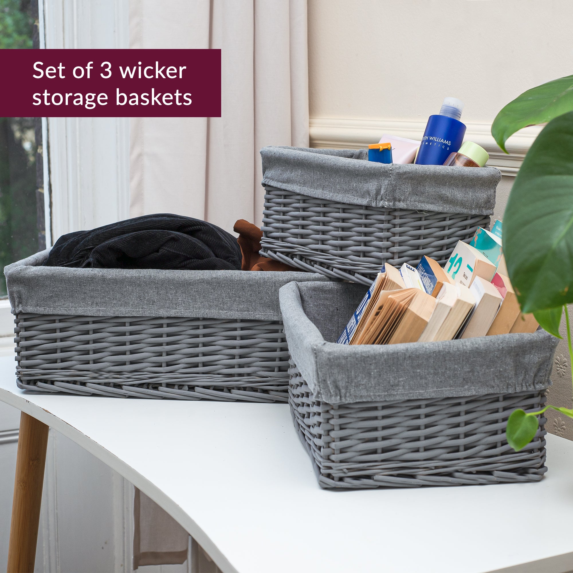 Set of 3 Wicker storage baskets with Lining