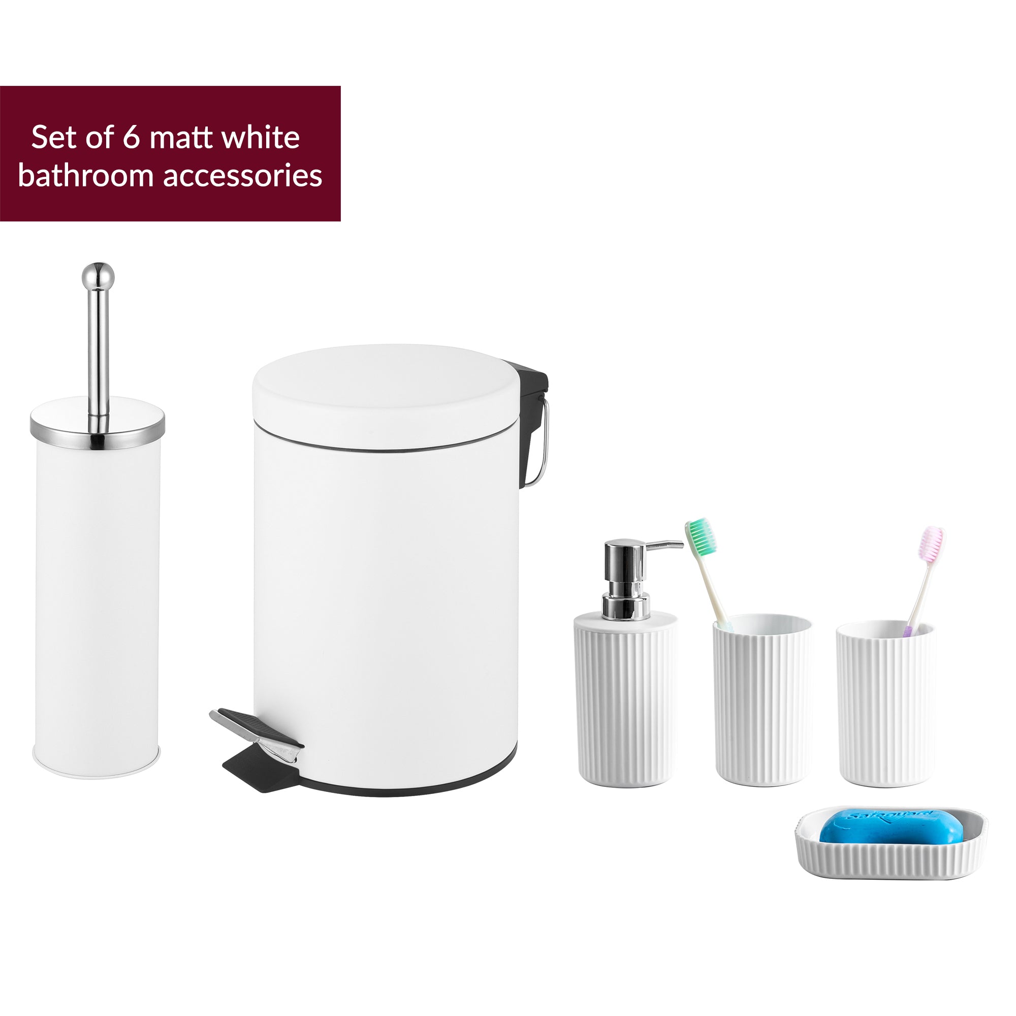 6 Pc Pedal Bin, Toilet Brush & Accessory Set