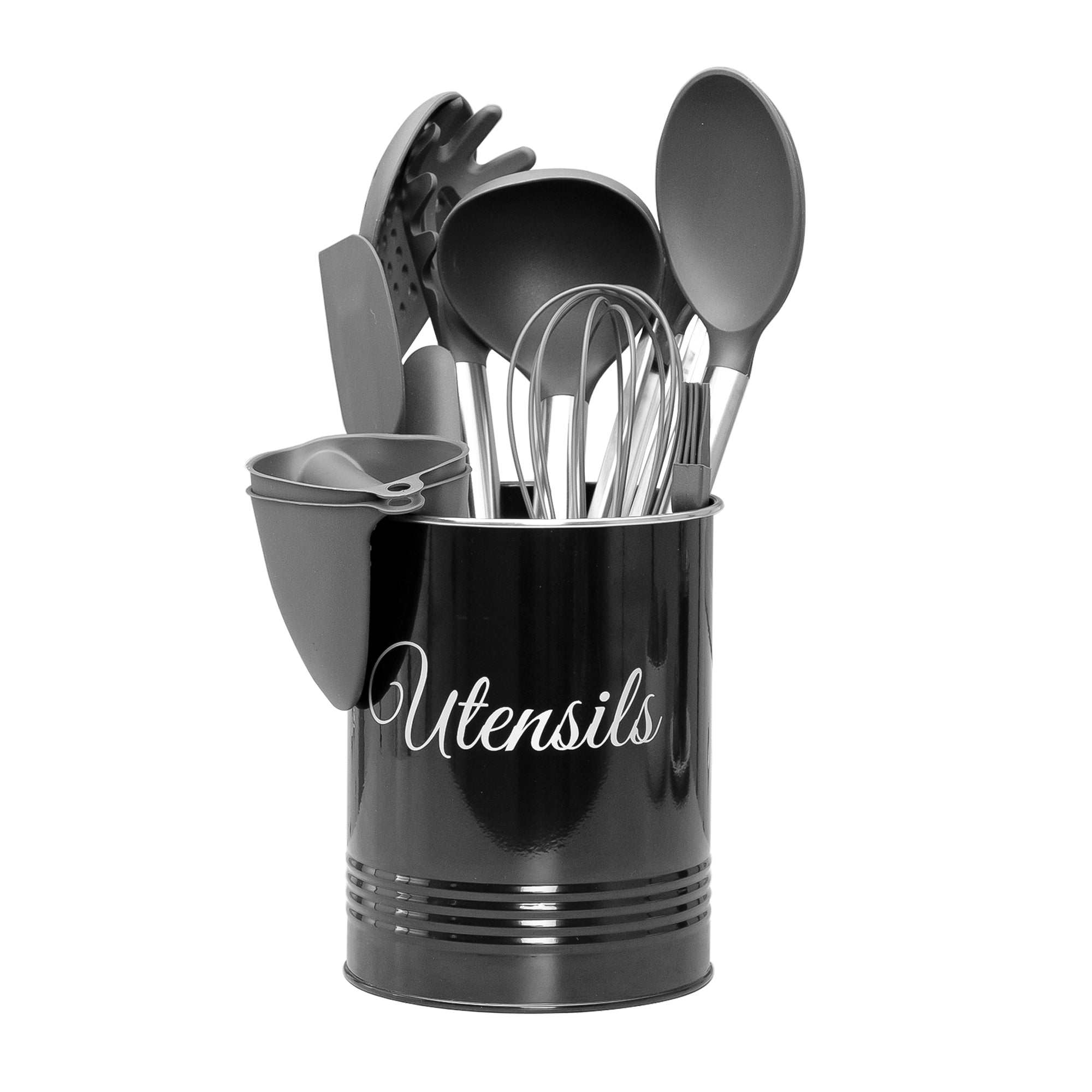 Black Metal Utensil Pot and 12Pc Silicone Utensil Set