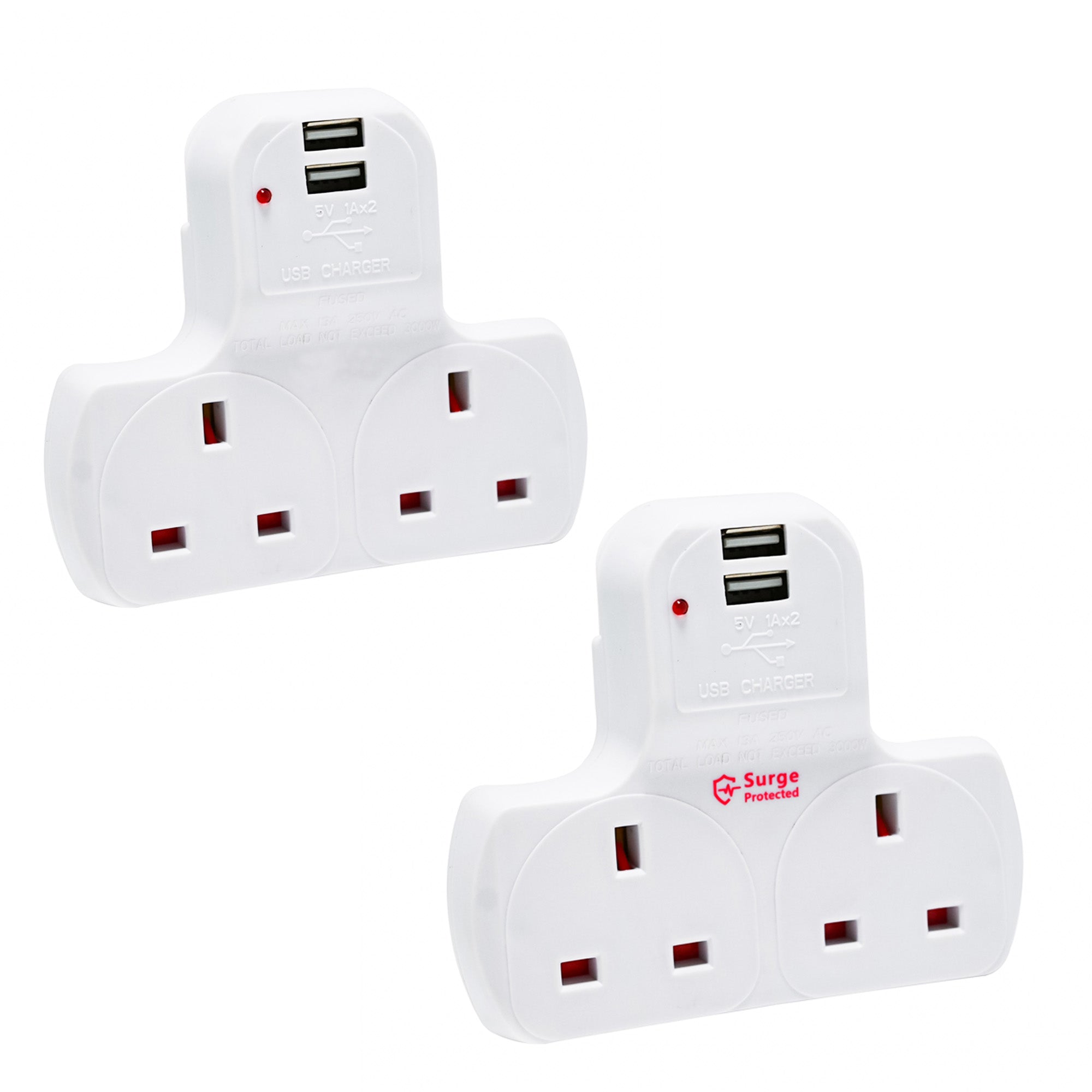 Wall-Mountable 2 Way Extension Socket with 2 USB Ports